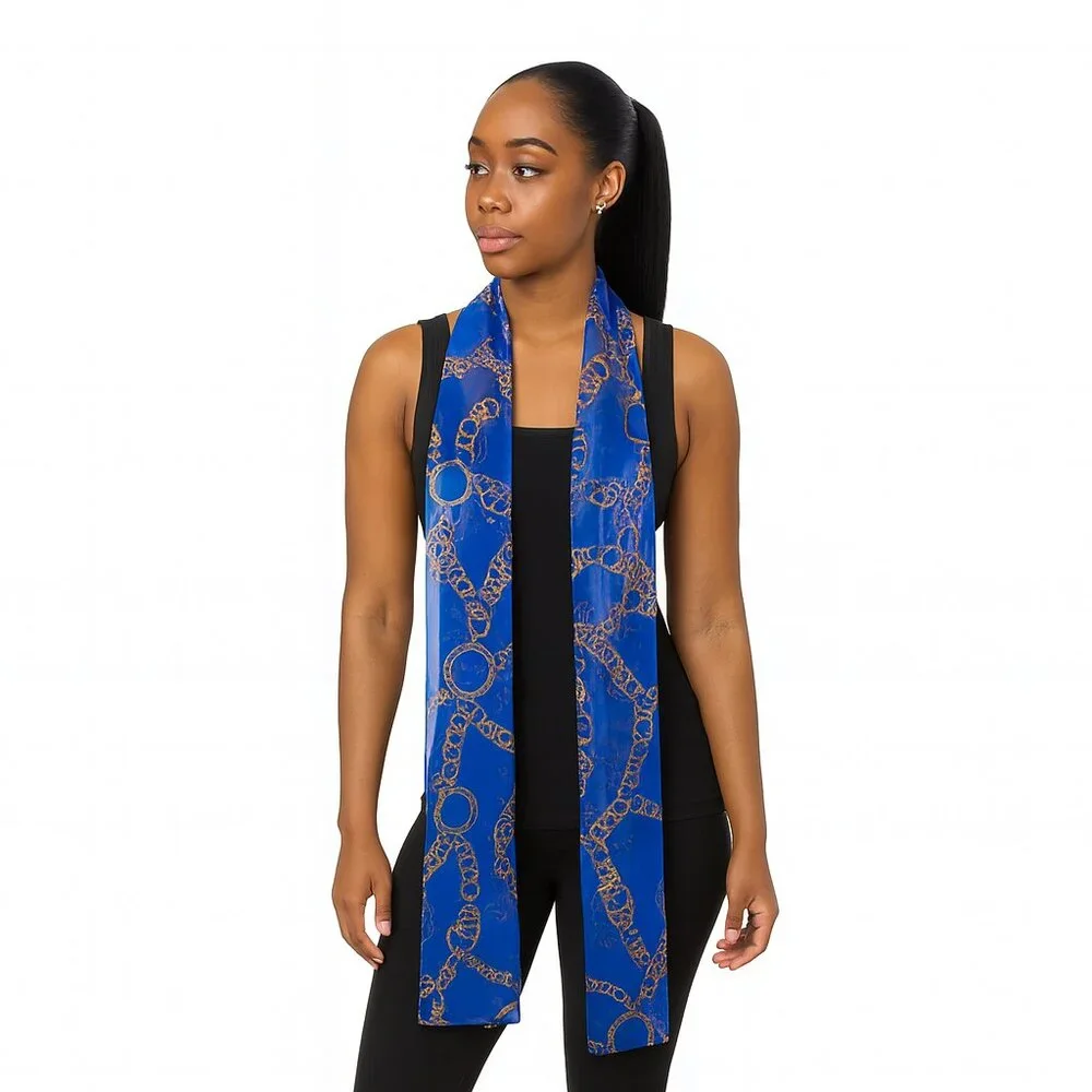Royal Blue & Gold Chain-Print Sheer Scarf